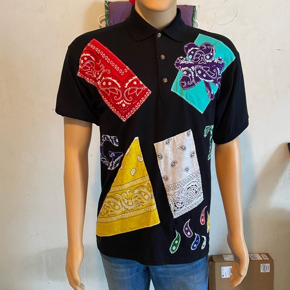 GENUINE THREADZ  BLACK POLO SHIRT WITH PIECES OF BANDANNA SIZE MEDIUM 42-44 inch